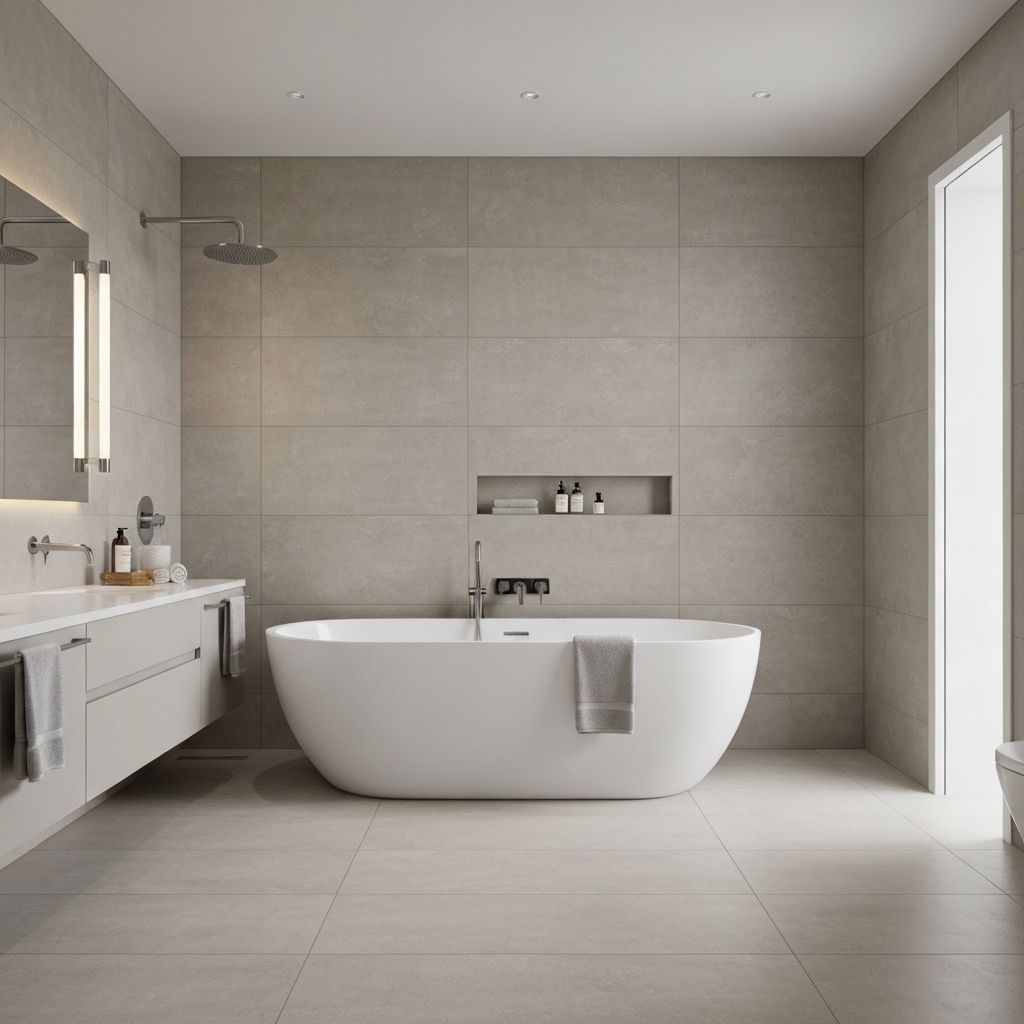 Luxurious modern bathroom renovation with large format wall tiles and professional finish in Adelaide