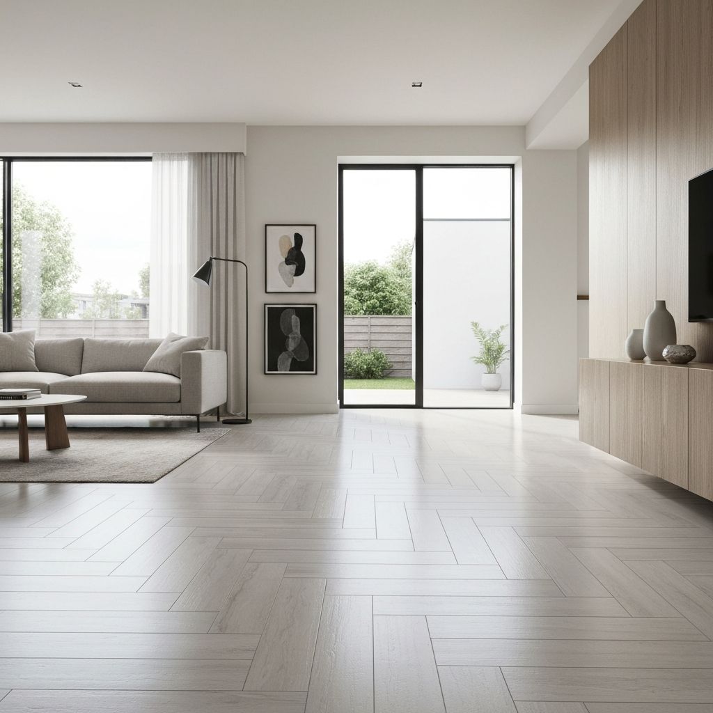 Elegant interior floor with large format polished porcelain tiles installed by Smart Tiling Group Adelaide