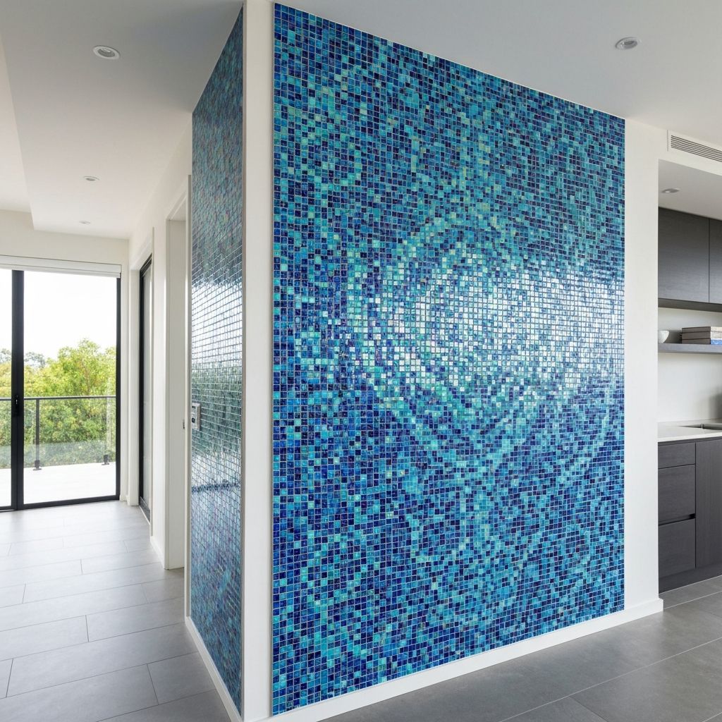 Intricate mosaic tile feature wall with glass tiles in blue and teal tones by Smart Tiling Group