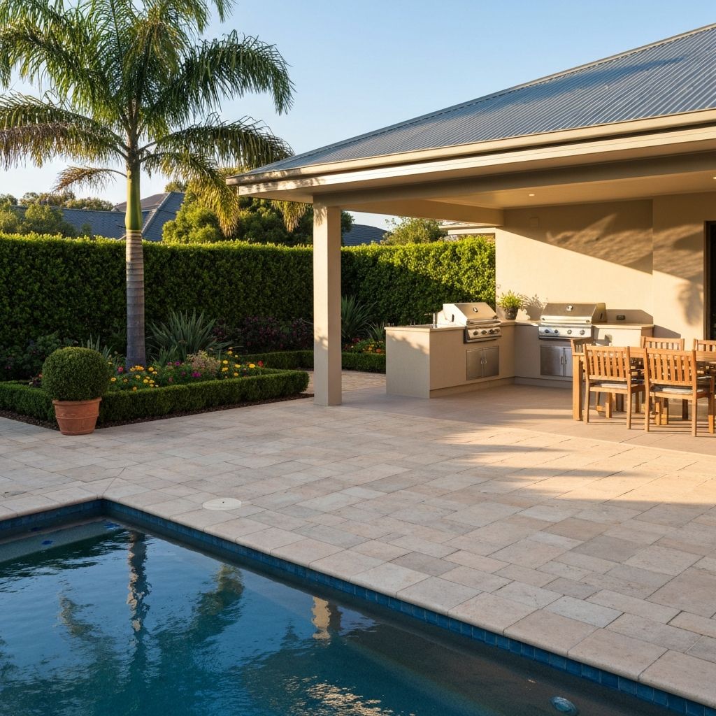 Premium outdoor entertaining area with stone pavers and pool surrounds installed in Adelaide
